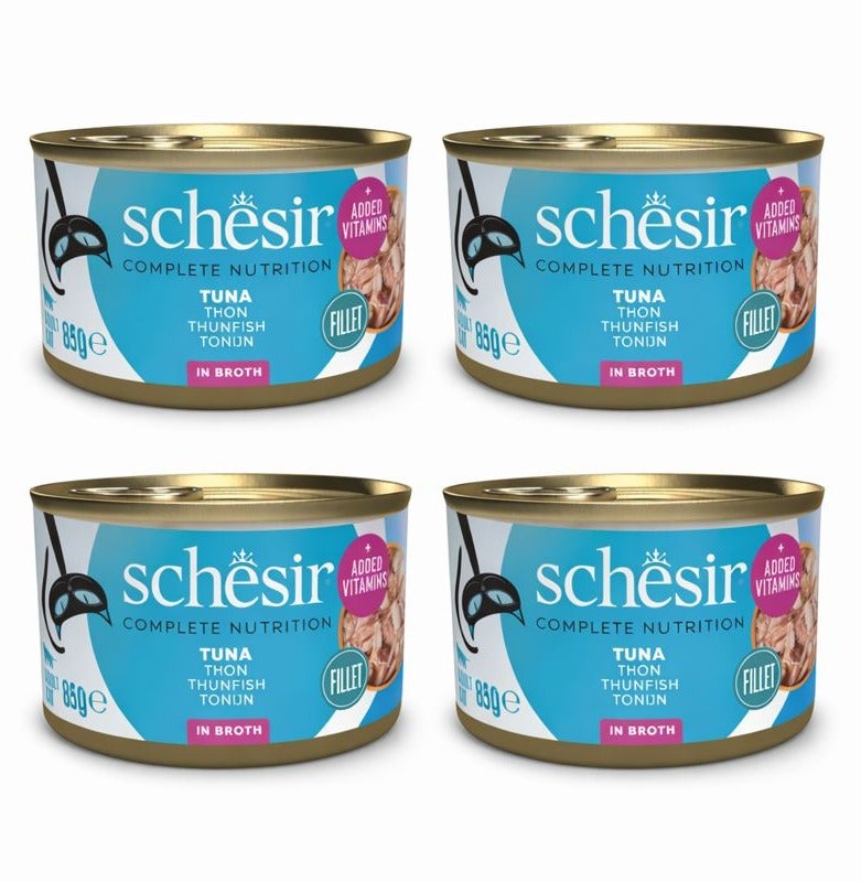 Schesir Complete Nutrition – Tuna in Broth – Complete & Balanced Wet Cat Food – Added Vitamins – 4 × 85 g - Image 1